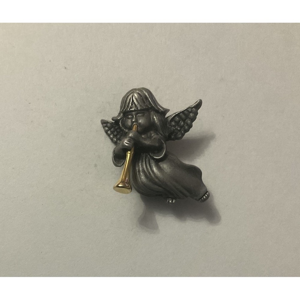 Religious Pin Guardian Angel w Gold-Tone Trumpet Christian Lapel Brooch Pinback